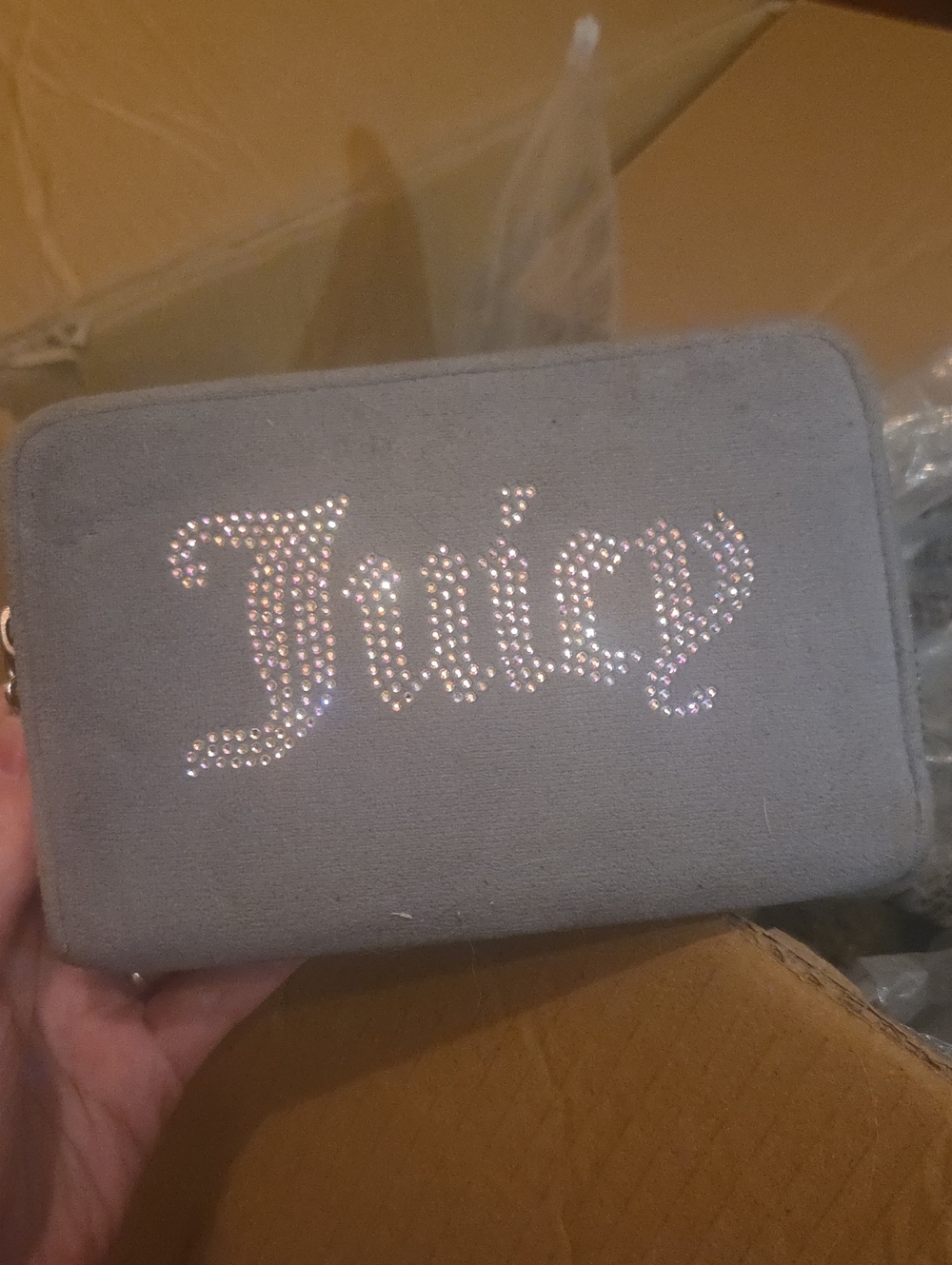 Juicy Couture Gray Rhinestone Logo Zip Wallet